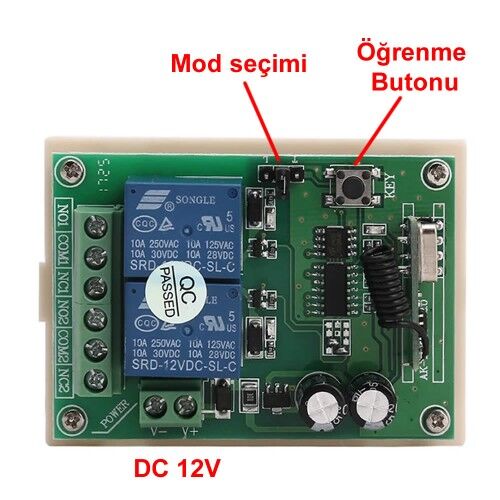 433Mhz RF 2 Kanal Röle Modül DC 12V